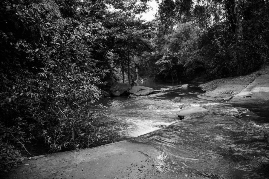 A stream floods the road to Thatigonde. The settlement, like many others, is cut off during the monsoon, when the streams are in full spate.