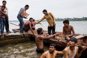 The Narmada, one of the seven sacred Indian rivers, draws throngs of pilgrims. Post Ganesh Chathurthi, devotees get ready to immerse an idol in the Narmada at Maheshwar, Khargone, Madhya Pradesh. September 05, 2017.