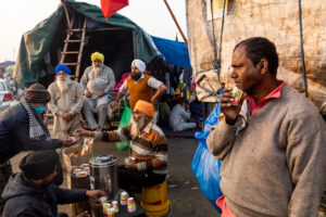 One of the dozens of langars at the site- a communal kitchen that is an essential part of the Sikh religion, offers free tea and snacks to protestors in the morning. December 09, 2020.