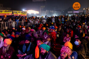 A film based on the sons of a Sikh Guru is screened at the protest site on the highway at Singhu. December 09, 2020.