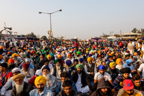 Farmers attend a meeting at the protest site in Singhu outside Delhi. December 08, 2020.