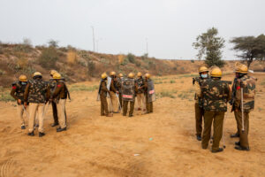 Police in riot gear on the Delhi-Jaipur highway on the day farmers from Rajasthan announced they were joining the protests and going to block the highway. December 12, 2020.