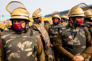 Police guard Haryana’s border with Rajasthan in a bid to prevent Rajasthan farmers from marching towards Delhi. December 12, 2020.