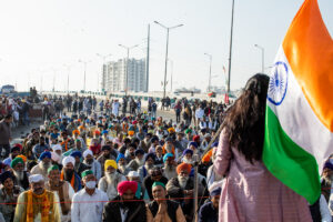 A protestor makes a speech from the stage at the Ghazipur protest site. December 13, 2020.