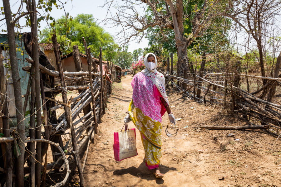 Kalabai Maravi, a 50-year-old health worker trained by the Jan Swasthya Sahyog, during her door-to- door monitoring of villagers for COVID-19 symptoms in Bamhani inside the core zone of the Achanakmar Tiger Reserve in Mungeli, Chhattisgarh. May 11, 2021.