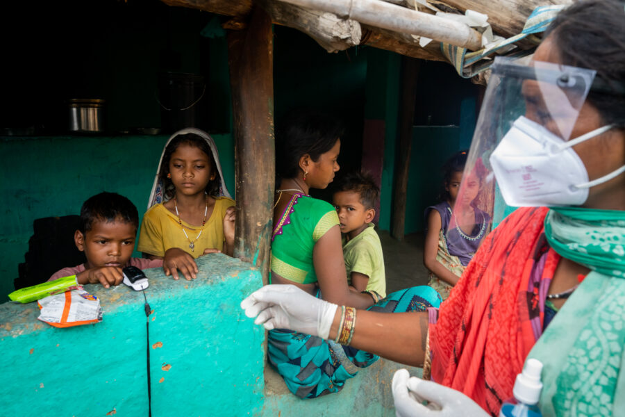 Shyamkali Baiga, 30 and her four children have all tested positive for COVID-19 and are under home isolation in Bahaud in Mungeli, Chhattisgarh. The village of about 400 people has 16 active cases, even as half of the village refuses to be monitored or get tested.  May 19, 2021.