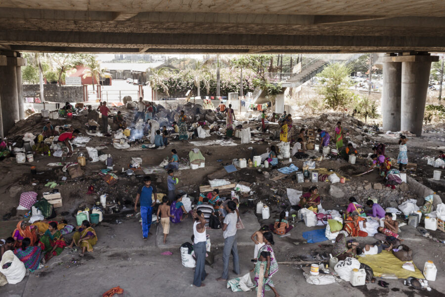 Drought migrants from Marathwada and other parts of the state set up temporary shelters under a flyover near Turbhe Naka in Mumbai. May 29, 2016.