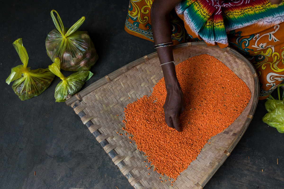 A woman sifts grain before cooking lunch in rural India, symbolizing everyday food security challenges in the face of climate change and hunger, photographed by a non-profit photographer